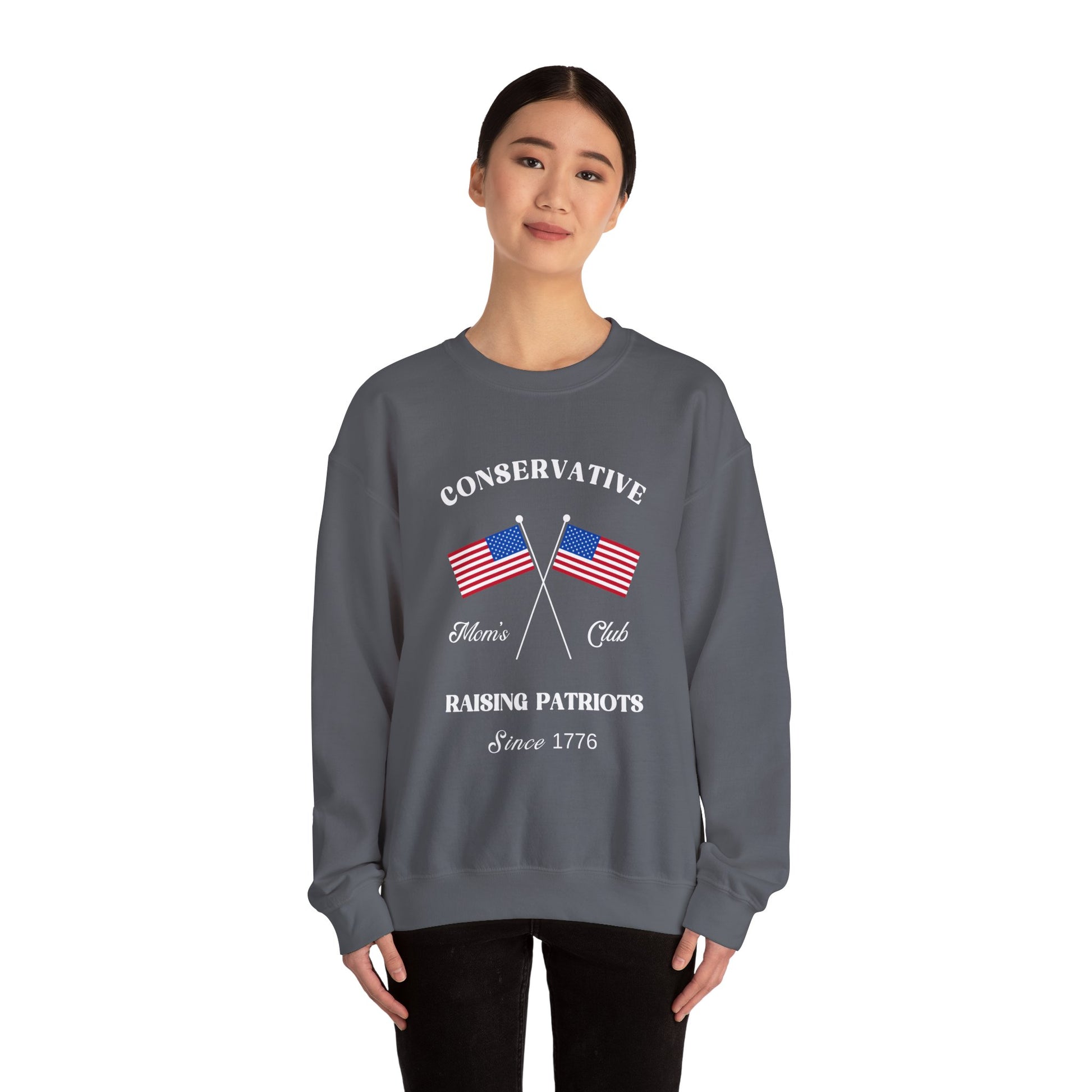 Conservative Mom's Club Crewneck Sweatshirt - Raising Patriots Since 1776 (White Logo) - Sweet Baby Jeez Teez
