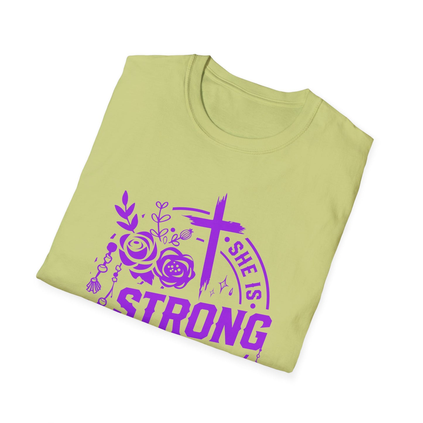 "She is Strong" Proverbs 31:25 Bible Verse Relaxed Tshirt (Hot Pink Logo)