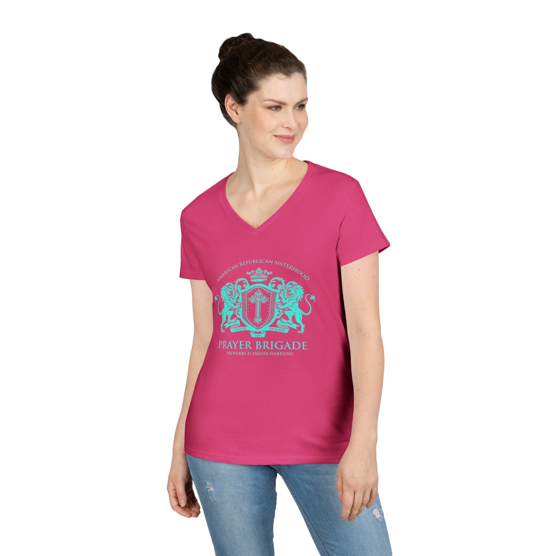 ARS Prayer Brigade Ladies' V-Neck T-Shirt (Purple with Aqua Logo) - Sweet Baby Jeez Teez