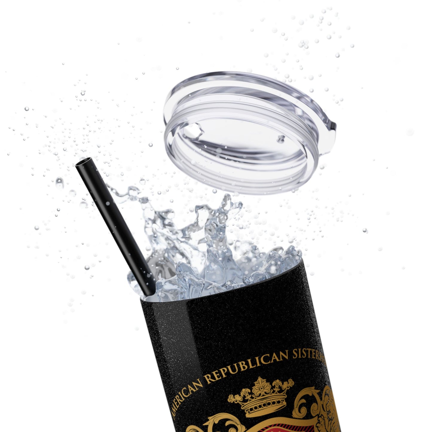 ARS Prayer Brigade Skinny Tumbler with Straw (20oz Glitter Black with Gold/Red Logo)