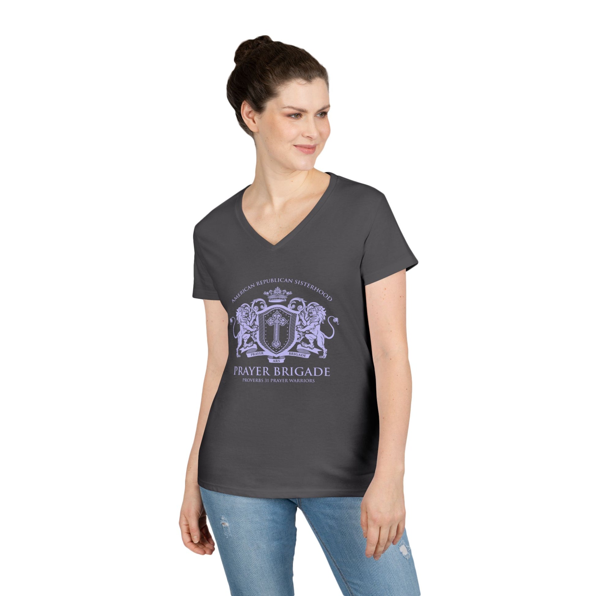 ARS Prayer Brigade Ladies' V-Neck T-Shirt (Pink with Lilac Logo) - Sweet Baby Jeez Teez