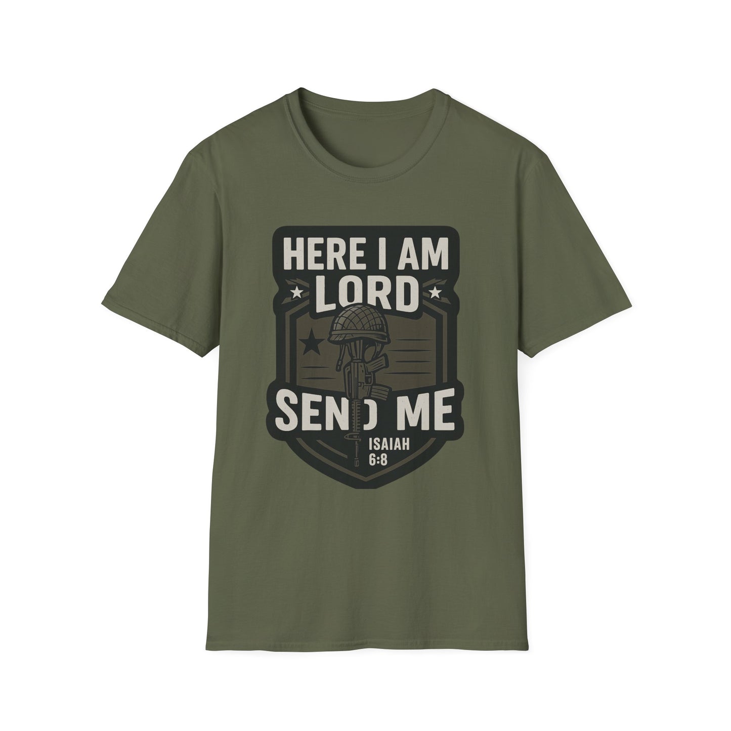 "Here I Am Lord Send Me" Bible Verse Inspirational Faith T-Shirt (Military Logo)