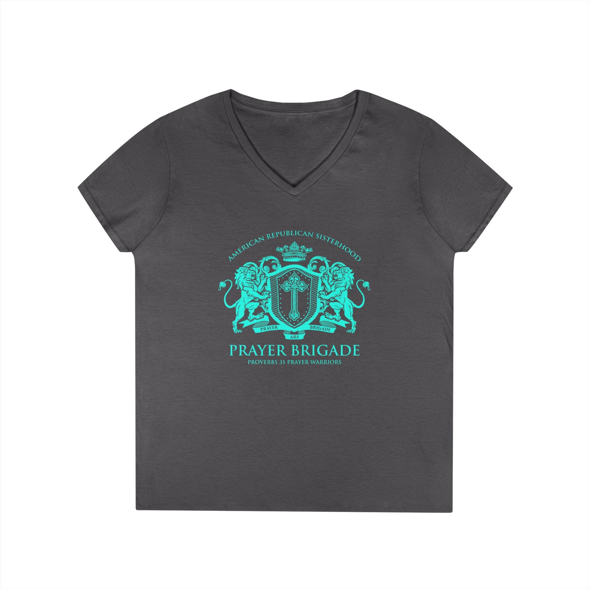 ARS Prayer Brigade Ladies' V-Neck T-Shirt (Purple with Aqua Logo) - Sweet Baby Jeez Teez