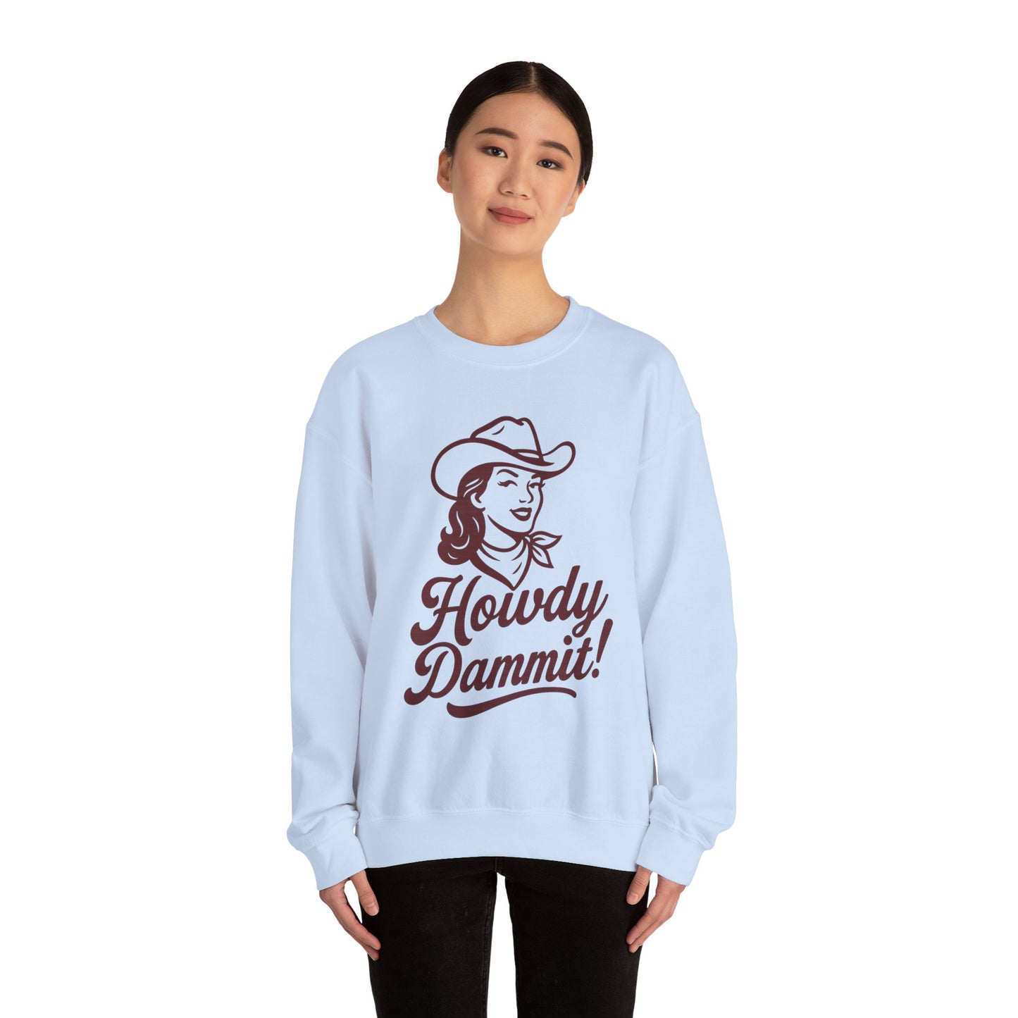 Howdy Dammit! Aggie Texas Cowgirl Cozy Unisex Sweatshirt (Maroon Logo)