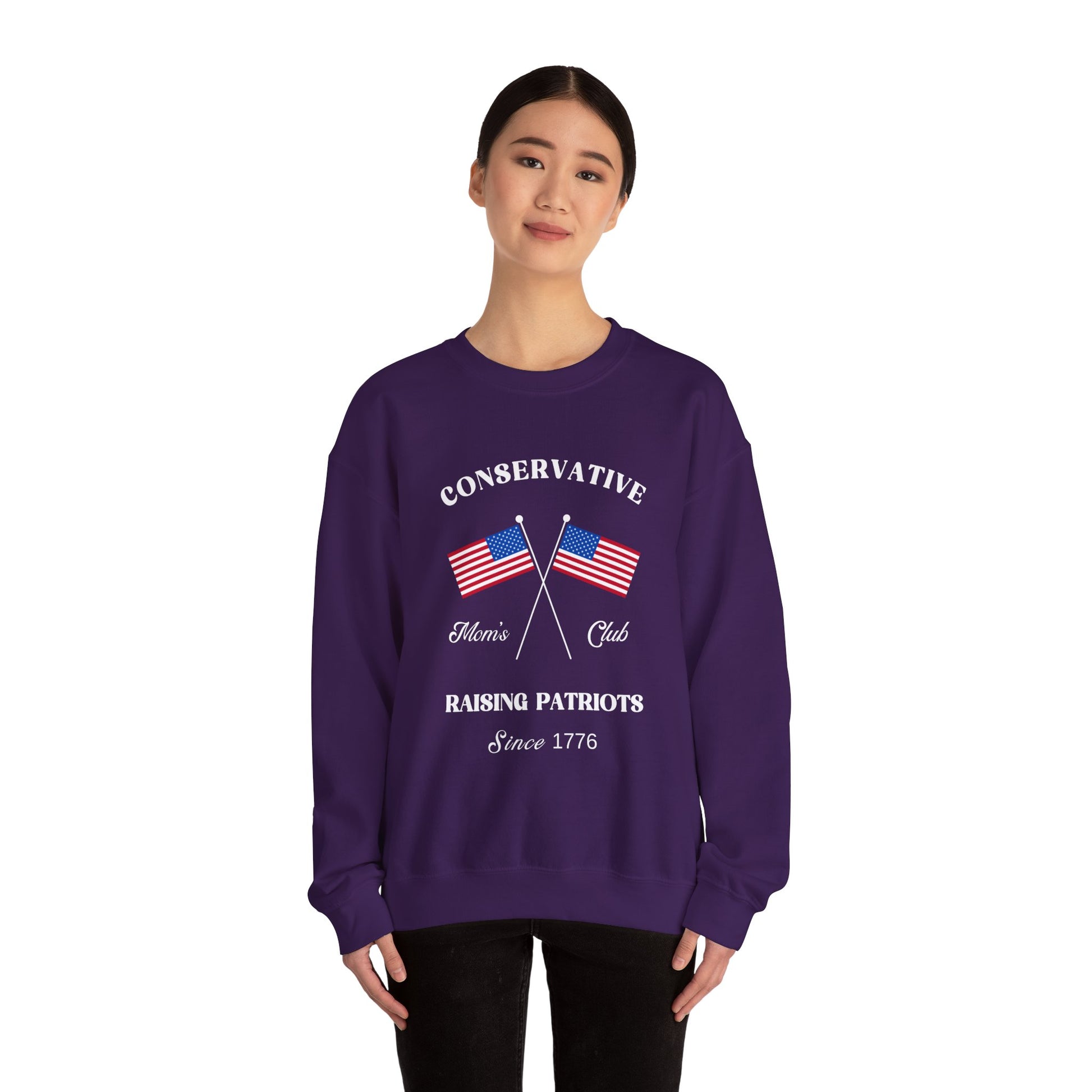 Conservative Mom's Club Crewneck Sweatshirt - Raising Patriots Since 1776 (White Logo) - Sweet Baby Jeez Teez
