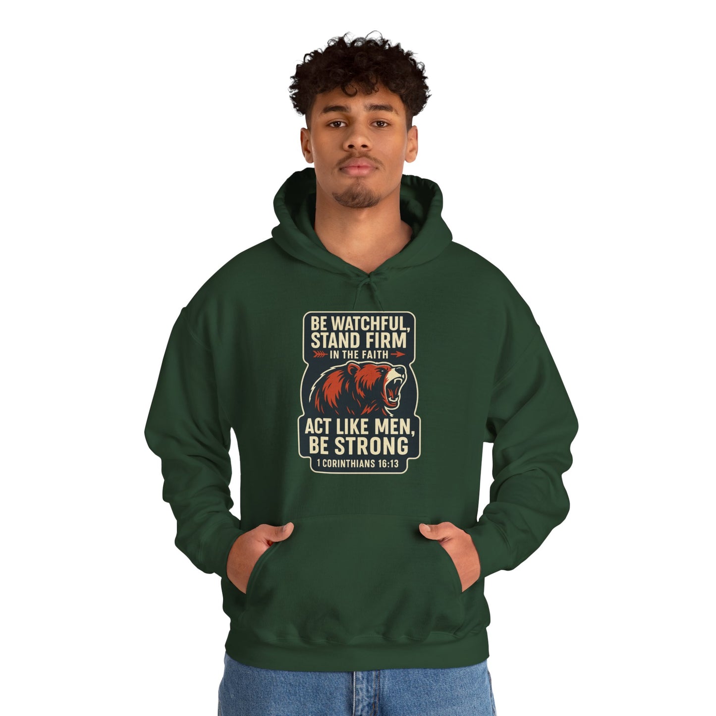 "Stand Firm in Faith" Bear Bible Verse Hoodie Sweatshirt