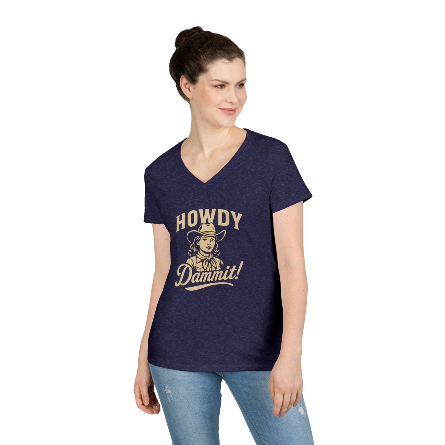 Howdy Dammit! Aggie Texas Cowgirl Ladies V-Neck Tshirt (Gold Logo)