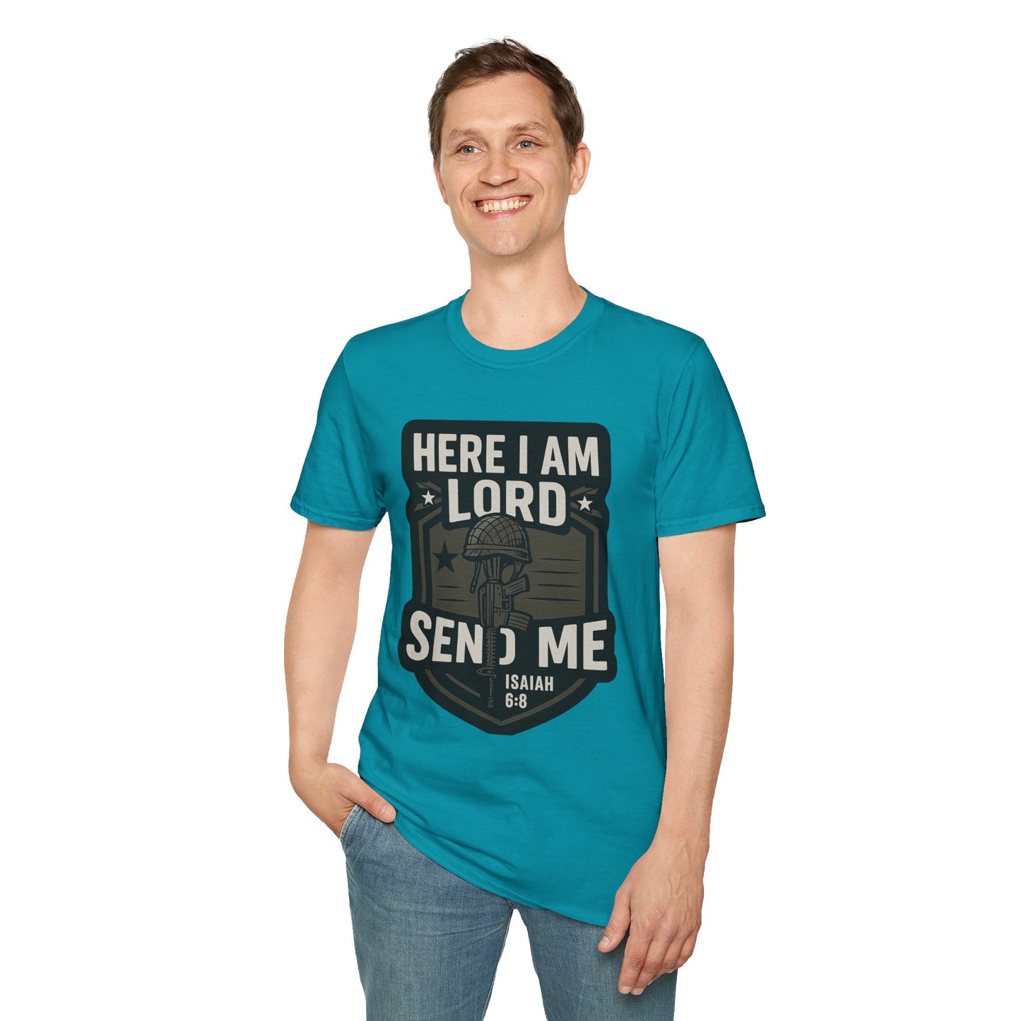 "Here I Am Lord Send Me" Bible Verse Inspirational Faith T-Shirt (Military Logo)