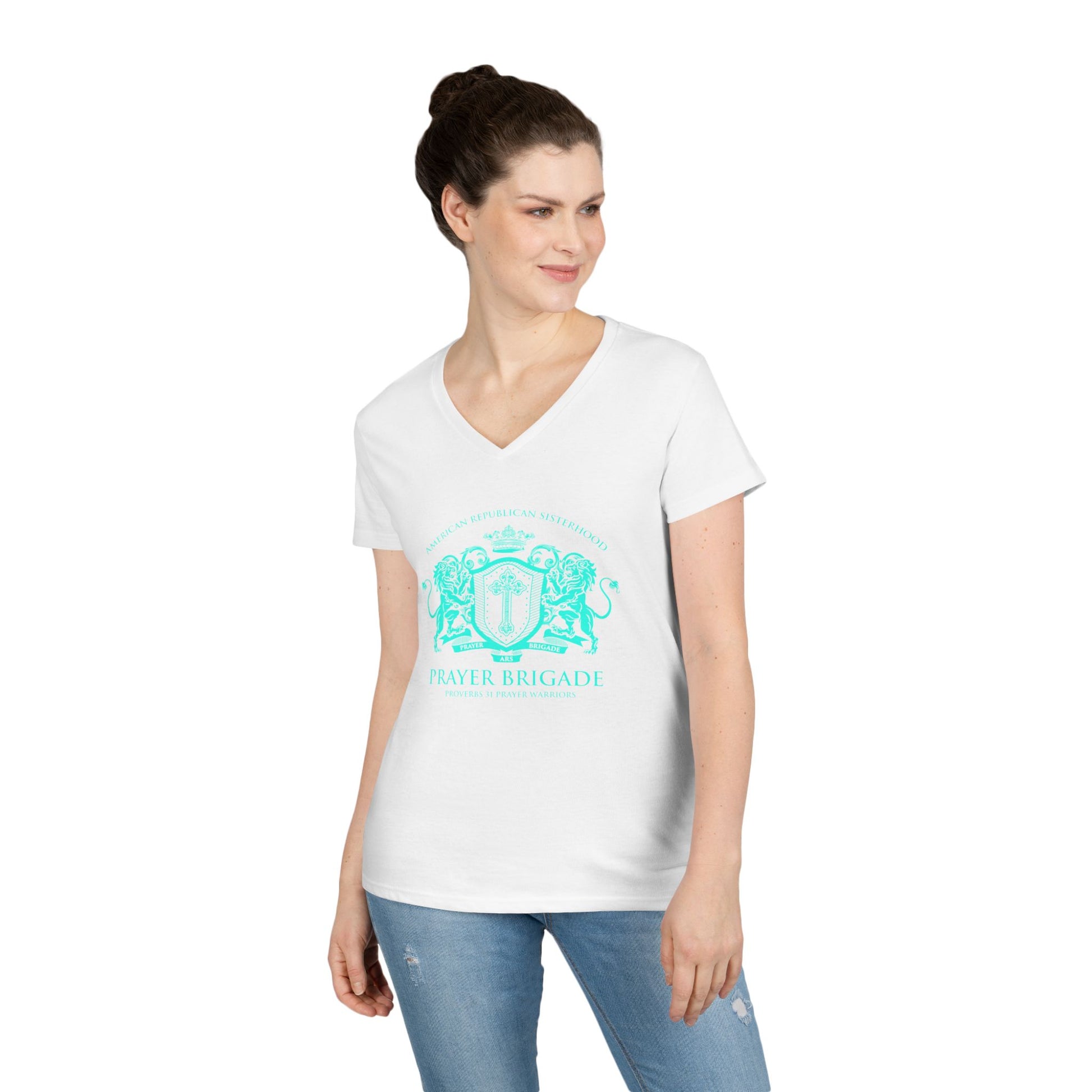 ARS Prayer Brigade Ladies' V-Neck T-Shirt (Purple with Aqua Logo) - Sweet Baby Jeez Teez