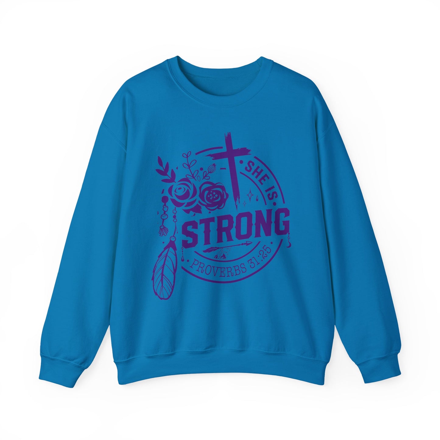 "She is Strong" Proverbs 31:25 Bible Verse Women's Sweatshirt (Plum Logo)