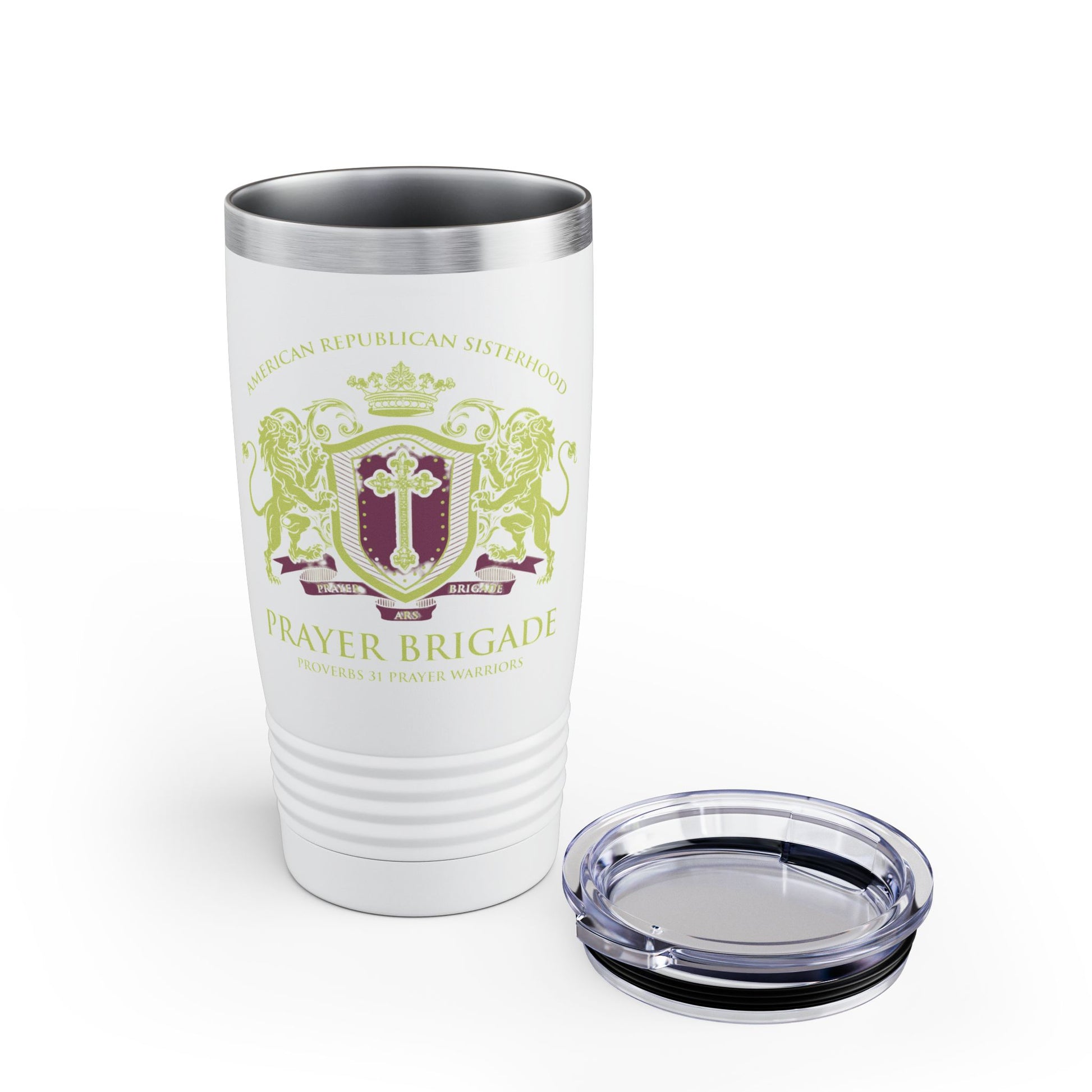 ARS Prayer Brigade Tumbler  (20oz - White with Green/Purple Logo) - Sweet Baby Jeez Teez