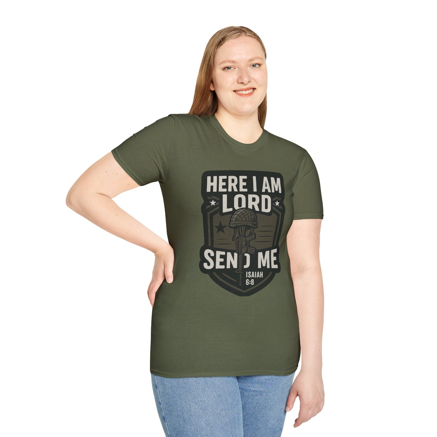 "Here I Am Lord Send Me" Bible Verse Inspirational Faith T-Shirt (Military Logo)