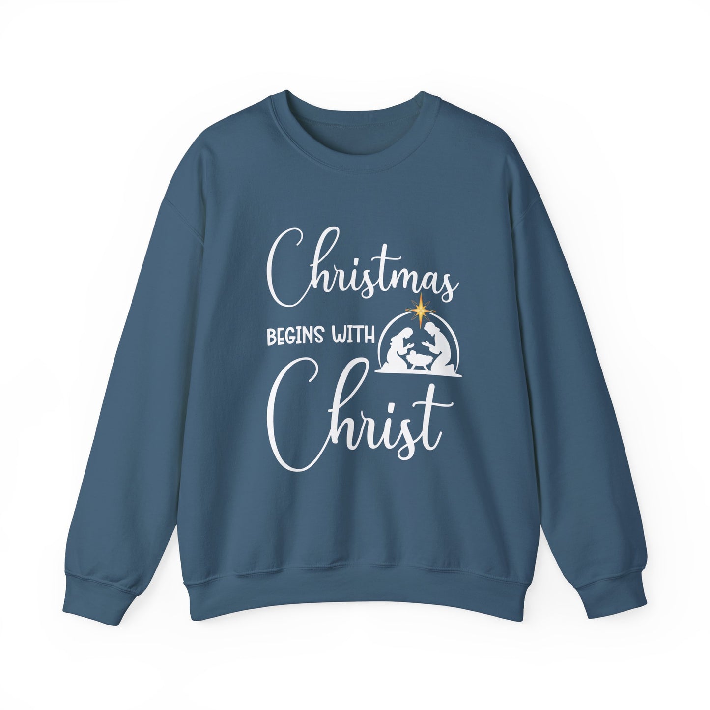 Christmas Begins with Christ Heavy Crewneck Sweatshirt (White/Gold Logo) - Sweet Baby Jeez Teez