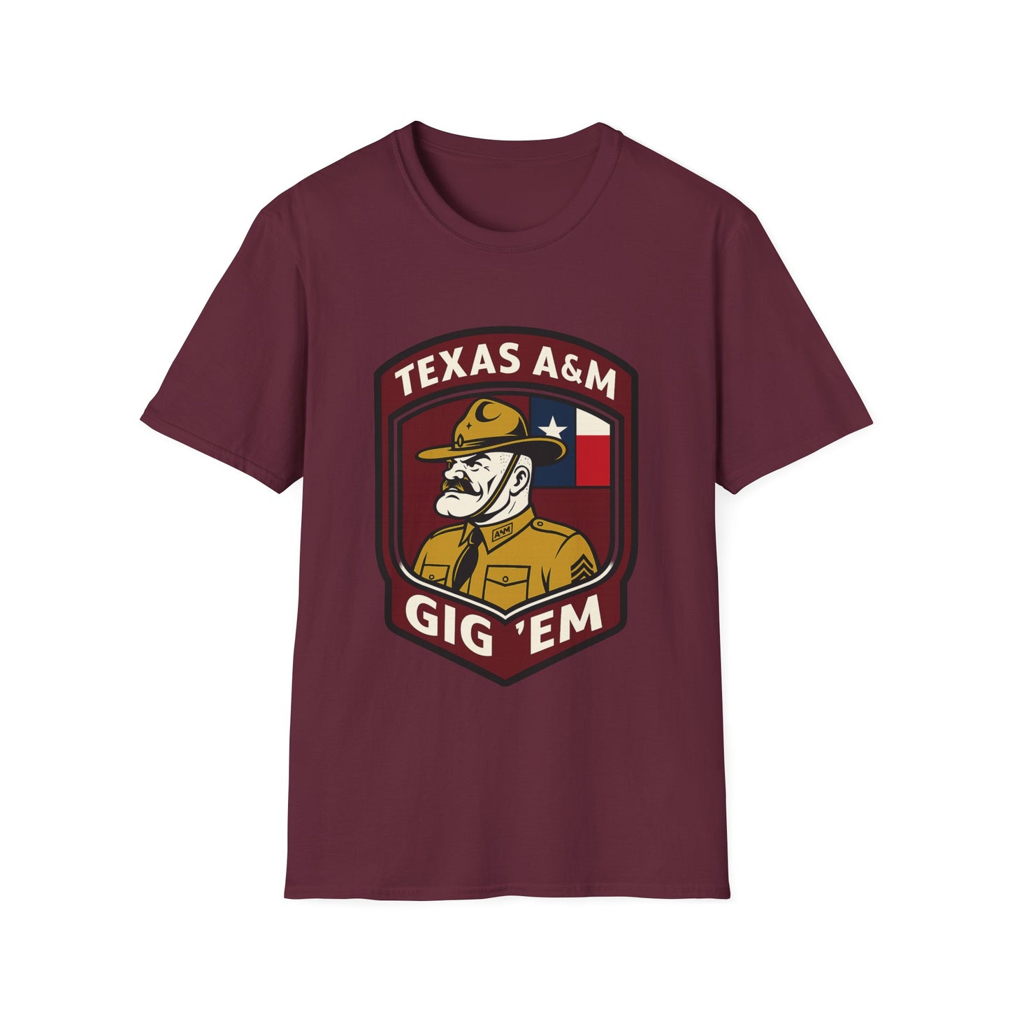 Gig 'Em Aggies Old Sarge Crest Soft Relaxed Tshirt (Texas Flag Logo 2)