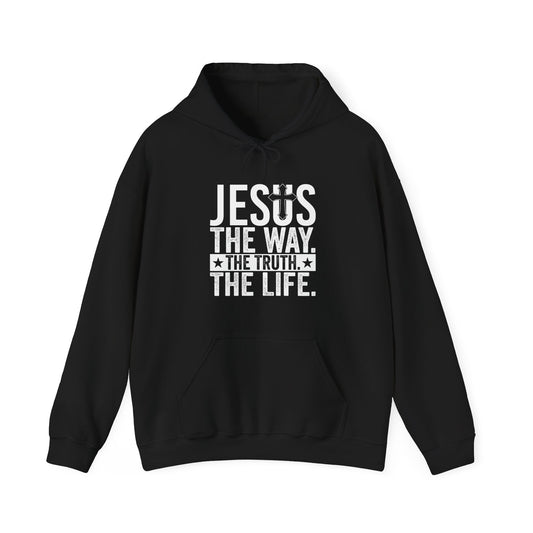 "Jesus The Way, The Truth, The Life" Heavy Fleece Unisex Hoodie (White Logo)