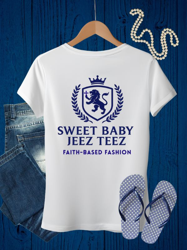White t-shirt with Sweet Baby Jeez Teez logo representing faith clothing brand, paired with jeans and flip-flops on blue background.